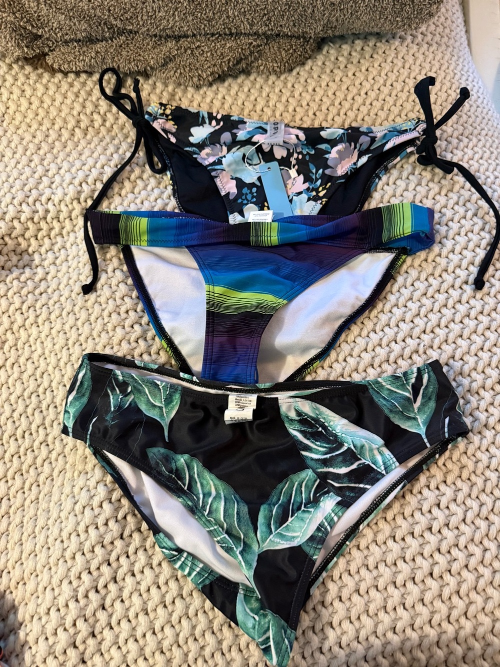 Women’s Floral & Leaf Bikini Bottoms Trio — Black, Blue, Green